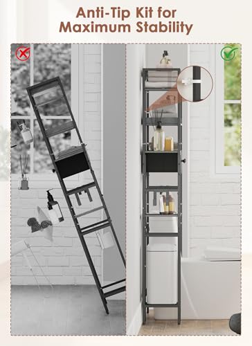 Over The Toilet Storage with 2 Drawers - 7 Tier Bathroom Organizer with Adjustable Shelf, Freestanding Space Saver Storage Rack Above Toilet Stand with Hooks for Small Restroom, Laundry(Black) - size: 7 Tier-Black