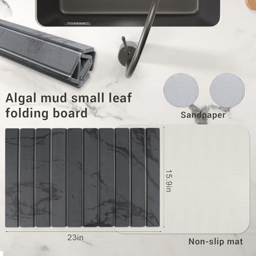 23*16'' Large Diatomaceous Earth Stone Quick Drying Mat For Kitchen Counter Bathroom Foldable and Absorbent Drying Stone Mat Home Pad Fast-Drying Floor Mat Dark Gray