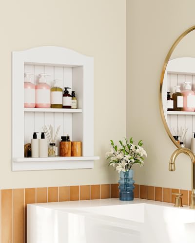 Recessed Wall Niche, 2-Tier Recessed Medicine Cabinet, Bathroom Cabinet Wall Mount, Bamboo Medicine Organizer, Wall Storage Cabinet, for Bathroom, Living Room, Kitchen, White - size: 17.6"L x 2.1"W x 21.8"H