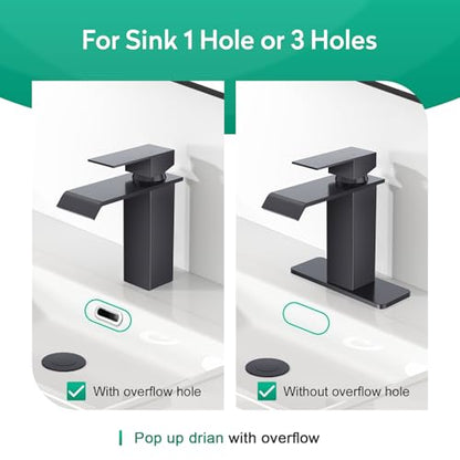 CREA Black Waterfall Bathroom Faucet 1 Hole,Matte Black Bathroom Faucet Single Handle Bathroom Sink Faucet with Pop Up Drain Stopper/ 3 Hole Plate,Stainless Steel RV Vanity Faucet Basin Mixer Tap - color: Black, style: Wide Spout