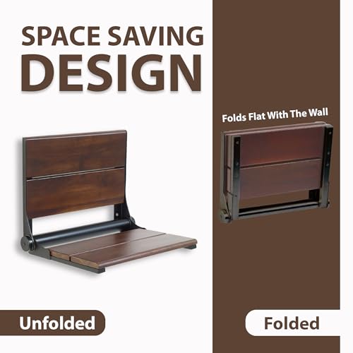 Walnut Shower Seat - Contour Wood / Folding Wall Mount Bench for Inside Shower / ADA Safety Aid / 304 Stainless Steel / Matte Black / 26" x 16" - color: Matte Black, Walnut, size: 26" x 16"