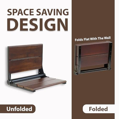 Walnut Shower Seat - Contour Wood / Folding Wall Mount Bench for Inside Shower / ADA Safety Aid / 304 Stainless Steel / Matte Black / 26" x 16" - color: Matte Black, Walnut, size: 26" x 16"