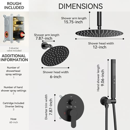 Shower Systems Shower Faucet Sets STARBATH 3 Way 12+6" Round Dual Rainfall Shower Head with Handheld Spray Combo, Ceiling Mounted Rain Shower Valve with 5 Diverter and Trim Kit Complete, Matte Black - color: Matte Black, size: 6+12 inch-04