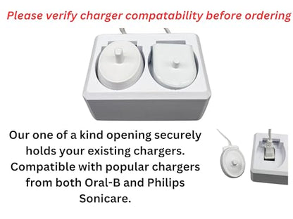 2 Slot Family Electric Toothbrush Charger Holder and Bathroom Organizer, for Select OralB and Philips Sonicare Tooth Brush Chargers (See Compatability Image), Countertop Stand or Wall-Mounted, White - size: 2 Openings