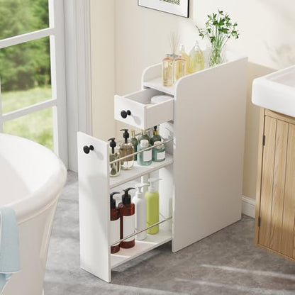 Giantex Slim Bathroom Storage Cabinet, Space-saving Toilet Side Cabinet with Slide-out Drawers on 3 Wheels, Freestanding Narrow Toilet Paper Holder for Living Room, Laundry Room, Compact Space (White) - color: White