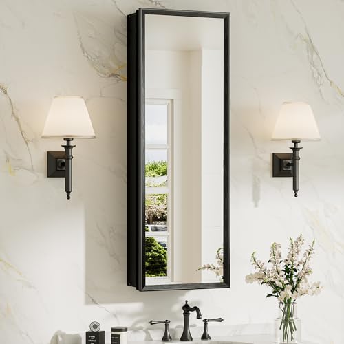 12 x 36 Black Recessed Medicine Cabinet with Mirror, Assembly Required, Bathroom Medicine Cabinet with Mirror, Stepless Adjustable Shelves, Beveled Aluminum Frame, DTC Hinge - color: Black, size: 12x36 in