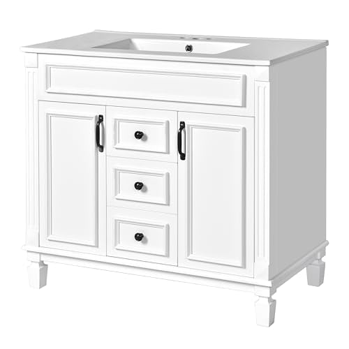 Merax 36" Bathroom Vanity with Sink, 2 Doors & 2 Drawers Storage Cabinet | Freestanding Single Bathroom Sink Vanity Cabinet Set with 36" Ceramic Sink (Sink Cabinet Only, White) - color: White, style: Sink Cabinet Only