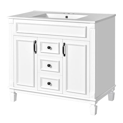 Merax 36" Bathroom Vanity with Sink, 2 Doors & 2 Drawers Storage Cabinet | Freestanding Single Bathroom Sink Vanity Cabinet Set with 36" Ceramic Sink (Sink Cabinet Only, White) - color: White, style: Sink Cabinet Only