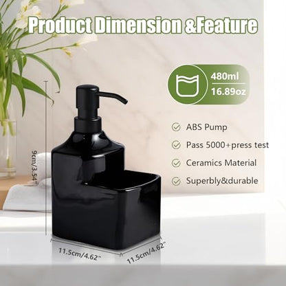 Gets Soap Dispenser Black Ceramic Pump Bottle with Storage Holder | Countertop Liquid Hand Wash Bottle with Organizer Tray for Bathroom, Kitchen, Refillable Modern Dispenser for Vanity Sink - size: Black With Sponge Holder
