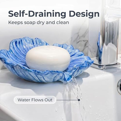 Self Draining Ceramic Soap Dish, Flower Shaped Soap Holder for Bathroom with Stable Base, for Kitchen Countertop, Bathroom Sink, Shower, Keeps Soap Dry, Decorative Soap Holder (Flower-Blue)