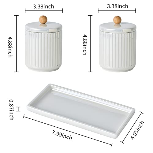 Ceramic Bathroom Canister Set with Coordinating Small Vanity Tray White | Qtip Holder Dispenser for Cotton Ball ,Swab,Pads , Floss, Bathroom Storage Jars with Lids White Small Tray