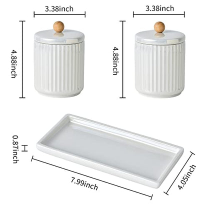 Ceramic Bathroom Canister Set with Coordinating Small Vanity Tray White | Qtip Holder Dispenser for Cotton Ball ,Swab,Pads , Floss, Bathroom Storage Jars with Lids White Small Tray