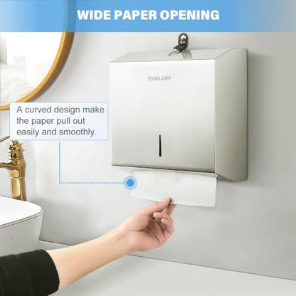 Gorlary Commercial Paper Towel Dispenser Wall Mount, Silver, Lockable | C-Fold Multifold Trifold Hand Paper Towel Dispenser, Brushed Stainless Steel Tissue Holder for Bathroom, Office - color: Medium-silver