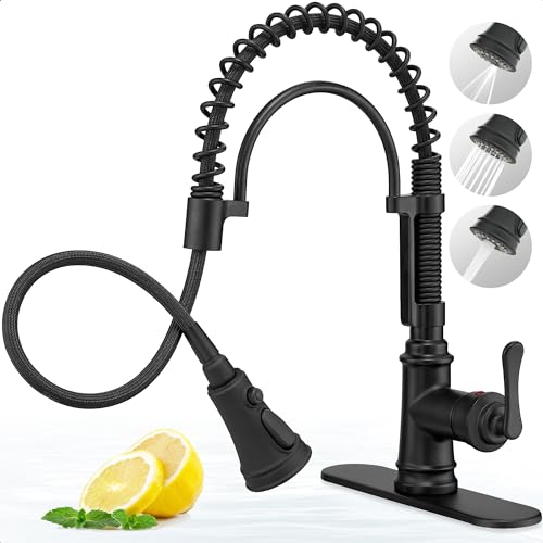 3-Function Kitchen Faucets with Pull Down Sprayer, 1 Hole or 3 Hole Kitchen Faucet Black, 1 Handle Kitchen Sink Faucets, 360 Degree Swivel Stainless Steel Faucet for Kitchen Sink with Deck Plate - color: Matte Black - Classic