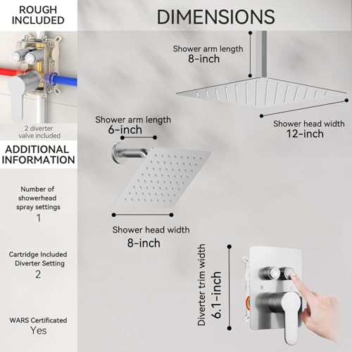 Shower System Brushed Nickel, STARBATH 12" Ceiling Mount Rain Showerhead and 8" Wall Mounted Rainfall Shower for Couples, On Off Button Valve Dual Head Shower Systems Complete - color: Brushed Nickel, size: 12+8 inch-15