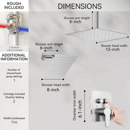 Shower System Brushed Nickel, STARBATH 12" Ceiling Mount Rain Showerhead and 8" Wall Mounted Rainfall Shower for Couples, On Off Button Valve Dual Head Shower Systems Complete - color: Brushed Nickel, size: 12+8 inch-15