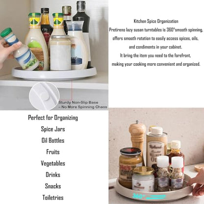 2 Tier Non Skid Spice Rack Turntable, 10 Inch Spinning Organizer, Non Skid Lazy Susan Turntable, 360° Rotating Seasoning Organizer for Kitchen, Pantry Cabinet, Refrigerator, Bathroom, Gray & White