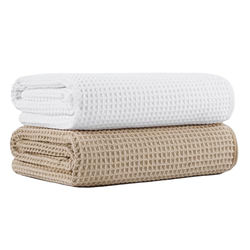 MICROFI New Microfiber Waffle Bath Towels, 2 Pieces, Oversized, Soft, Absorbent, Fast Drying, Lint Free 430 GSM (30''x60''/76cm x 152cm) - color: Beige+white