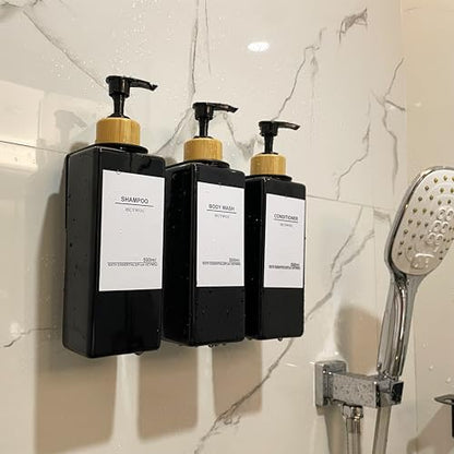 Shampoo and Conditioner Dispenser, No Drill, 16 Waterproof Labels | Shampoo Dispenser for Shower Wall, Shower Soap Dispenser Wall Mounted 3 Chamber, Bathroom, 17oz, Bamboo Black - color: Black Bottle + Bamboo Pump