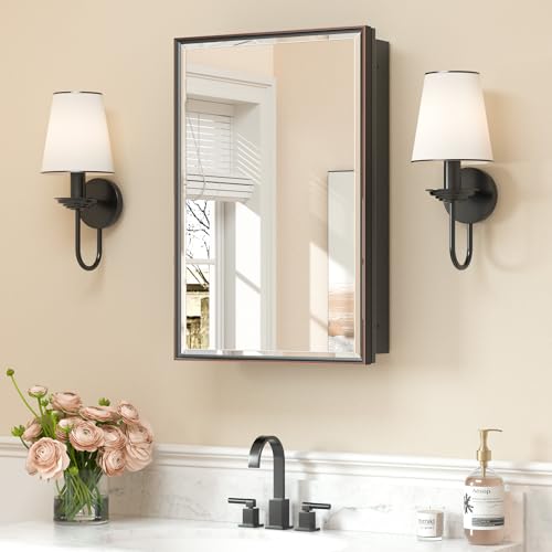 Keonjinn 16" x 24" Medicine Cabinets with Mirror for Bathroom, Oil Rubbed Bronze, Fully Assembled, Recessed or Surface Wall-Mounted, Aluminum Framed, Farmhouse Bathroom Mirror with Storage Cabinet - color: Oil Rubbed Bronze, size: Mirror: 16x24 IN, style: