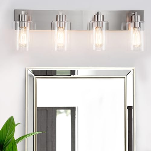 4-Light Brushed Nickel Bathroom Vanity Lights, Clear Glass | Brushed Nickel Metal Frame,Up/Down Wall Mount,cylinder Glass Shade,Kitchen Hallway Bedroom Indoor Use,Easy Install,E26 Base - size: 4-light
