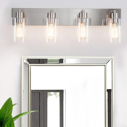4-Light Brushed Nickel Bathroom Vanity Lights, Clear Glass | Brushed Nickel Metal Frame,Up/Down Wall Mount,cylinder Glass Shade,Kitchen Hallway Bedroom Indoor Use,Easy Install,E26 Base - size: 4-light