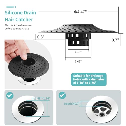 Aluvor Bathtub Drain Hair Catcher,Silicone Tub Hair Catcher Drain Protector | Collapsible Shower Hair Drain Catcher Strainer for 1.48'' to 1.76'' Flat Regular Drains, 3PCS/Black - color: ‌dark Black