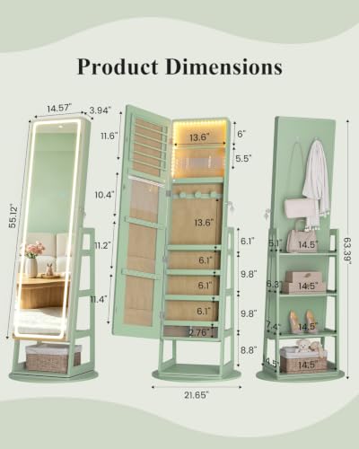 Standing Jewelry Cabinet Mirror with Adjustable LED Light Green | 63" Lockable Jewelry Armoire Organizer with 4 Rear Shelves & Hooks, 360° Swivel, for Bedroom, Living Room, Women Girls Gift - color: Green