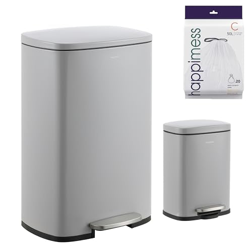 happimess Connor 2-Piece Iron Trash Can, Gloss Gray | 13.2 And 1.3 Gallons, Rectangular, Soft-Close Lid, Step Pedal, 20 Liners, 26" And 12" Height - color: Fog Gray