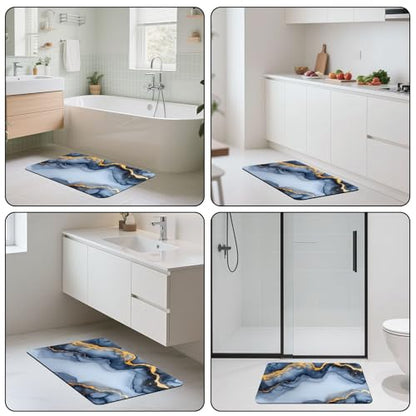 24x16 Diatomaceous Earth Bath Mat, Super Absorbent Soft Stone Bath Mat for Bathroom Floor, Quick Dry Non-Slip Shower Mat, Large Drying Mat for Kitchen Counter Blue Gold Marble Ink Art