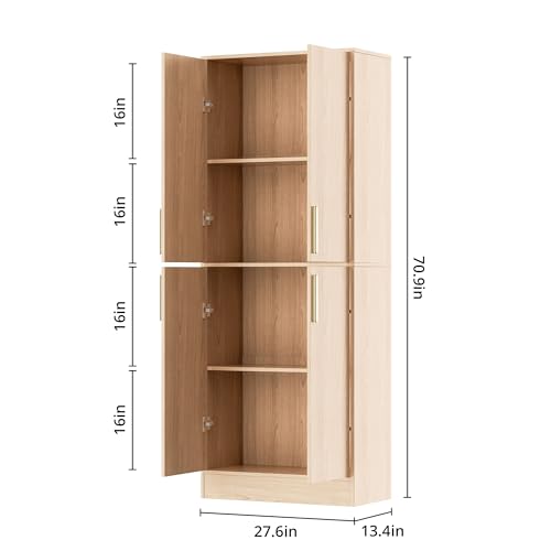 Housoul 71" Tall Pantry Cabinet with 4 Doors, Kitchen Pantry Storage Cabinet, Freestanding Larder Cupboard, Utility Kitchen Hutch with Gold Handles for Dining Room, Bathroom, Oak - color: Oak