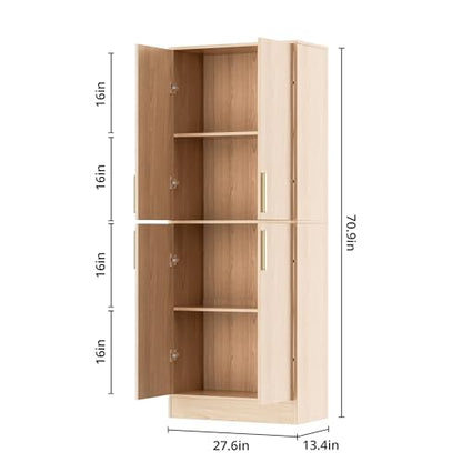 Housoul 71" Tall Pantry Cabinet with 4 Doors, Kitchen Pantry Storage Cabinet, Freestanding Larder Cupboard, Utility Kitchen Hutch with Gold Handles for Dining Room, Bathroom, Oak - color: Oak