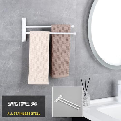 GERZWY Bathroom 2-Arm Swing Arm Towel Bars Wall Mount Stainless Steel Bath Towel Rack Hanger, White - color: White