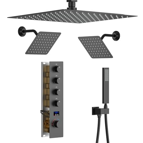 Matte Black Shower System with 3 Rain Shower Head(12+8+8 inch), Handheld Spray, 4 Way Smart Temperature Display Shower Faucet set - color: Black, size: 12+8+8 inch