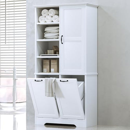 Merax Cabinet with Tilt-Out Laundry Hamper Basket, Tall Bathroom Storage Organizer Linen with Open Shelf for Home, Freestanding, White - color: White