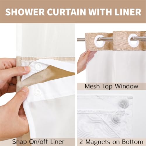 No Hooks Beige Boho Faux Linen Shower Curtain with Snap-in Liner Set, Textured Hotel Luxury Bathroom Curtain with See Through Top Window, Waterproof & Washable, 72x72 inches - color: Beige, size: 72"W x 72"L (Pack of 1), style: No Hooks