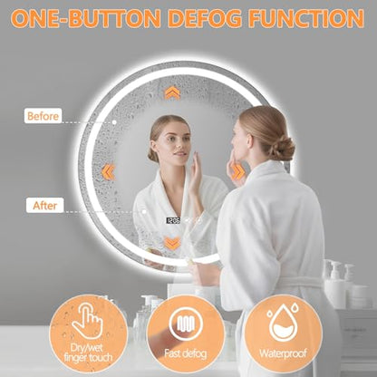24" Round LED Bathroom Mirror with Anti-Fog & Touch Switch - 60x60cm Wall-Mounted Makeup Vanity Mirror, No Drilling Required, Smart Display Bathroom Mirror - size: 24"L x 24"W
