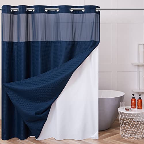 Furlinic No Hook Waffle Weave Shower Curtain with Snap in Fabric Liner Set,Heavy Duty Textured Bathroom Curtain with See Through Window,Waterproof & Machine Washable,Navy Blue,Stall 48x72 Inch - color: Navy, size: 48"W x 72"L (Pack of 1)