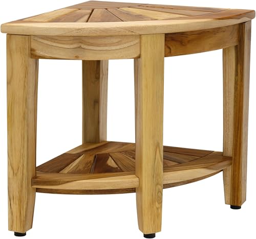 AquaTeak Kai Clear-Shield Corner 15.5" Teak Shower Bench | Durable, Water-Resistant Teak, Shower Chair & Shaving Foot Rest, Indoor/Outdoor Use - size: Clear Shield, style: Corner Stool With Shelf