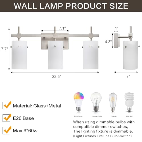 SOLFART Brushed Nickel Bathroom Light Fixtures, 3-Light Modern Vanity Light Over Mirror, Wall Sconces with Milky White Frosted Glass Shades, E26 Socket (Bulbs Not Included) - color: Brushed Nickel-Milky Globe, size: 3 Lights