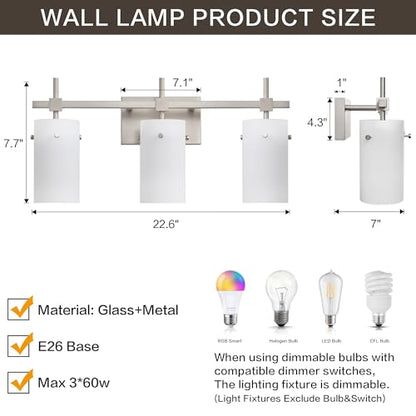 SOLFART Brushed Nickel Bathroom Light Fixtures, 3-Light Modern Vanity Light Over Mirror, Wall Sconces with Milky White Frosted Glass Shades, E26 Socket (Bulbs Not Included) - color: Brushed Nickel-Milky Globe, size: 3 Lights