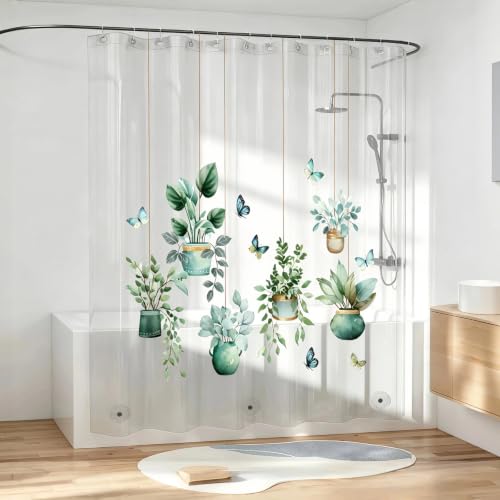 Clear Potted Plant Shower Curtain Liner, Green Plastic Transparent Pretty Shower Curtains for Bathroom, 72x72 Weighted Magnetic Shower Curtain Set with 12 Hooks - color: Clear Potted Plant, size: 72"W x 72"L (Pack of 1)