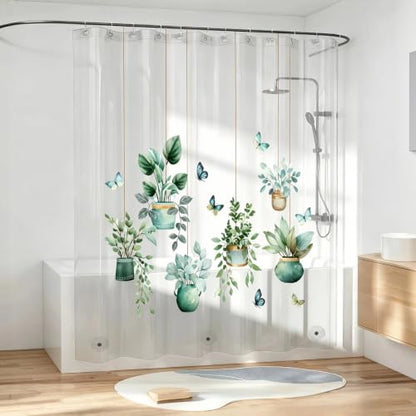 Clear Potted Plant Shower Curtain Liner, Green Plastic Transparent Pretty Shower Curtains for Bathroom, 72x72 Weighted Magnetic Shower Curtain Set with 12 Hooks - color: Clear Potted Plant, size: 72"W x 72"L (Pack of 1)