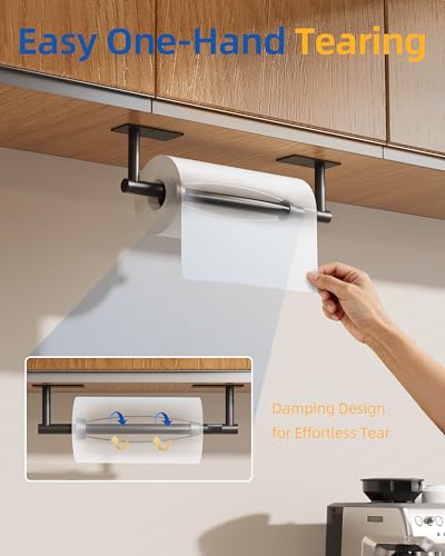 RUACQ Paper Towel Holder Under Cabinet, One Hand Tearing Paper Towel Holder with Damping Effect, Wall Mount & Adhesive Stainless Steel Paper Roll Holder for Kitchen Bathroom (Matte Black) - color: Matte Black, size: One Hand Tear - Rectangle