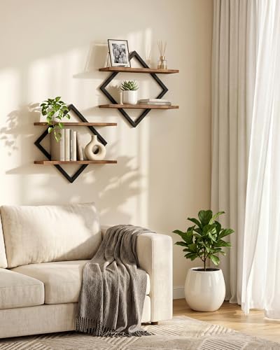 CHOEZON Floating Shelves, Set of 2 Wall Shelves, 2-Tier Hanging Shelves, Wall Shelf Set of 2, Wall Mounted Shelves, for Living Room, Bedroom, Kitchen, Office, Study, Rustic Brown TBJ01P2BF - color: Rustic Brown + Black