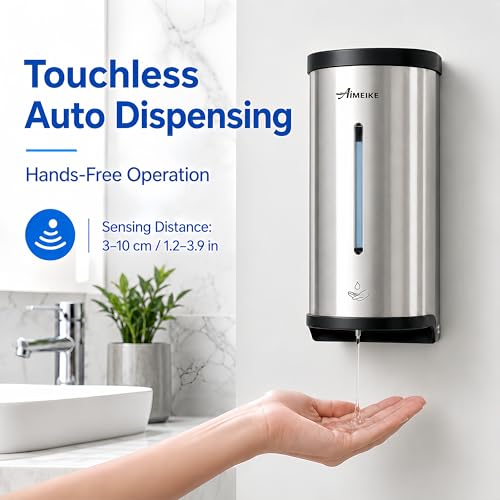 Automatic Wall-Mount Soap Dispenser, 800 mL Stainless Steel | Touchless 800 mL wall dispenser with viewing window, keyed lock and low-liquid indicator; requires 6 AA batteries. - color: 2000 Silver