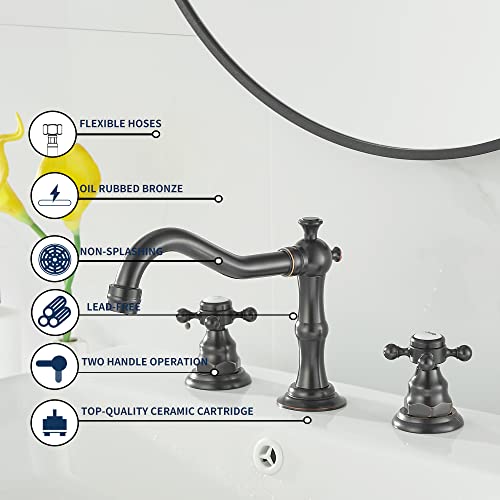 2 Handles 3 Holes Faucet Widespread Bathroom Sink Faucet Oil Rubbed Bronze Basin Tap Mixer Supply Hose Included Matching Pop Up Drain - color: Bronze, style: Ceramic Cover