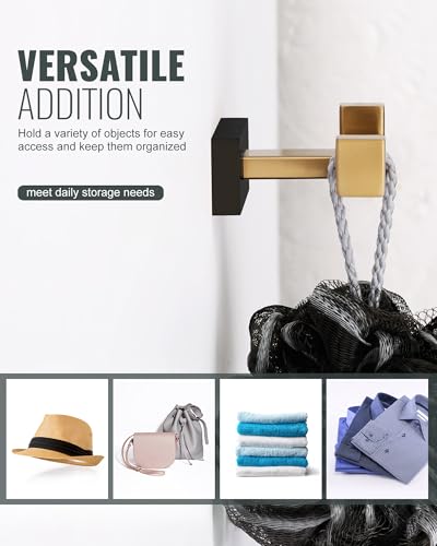 Double Bathroom Towel Hook - Modern Gold & Black Tower Holder - Heavy Duty Robe Hooks for Wall - Stainless Steel Shower Towel Hanger - color: Gold & Black