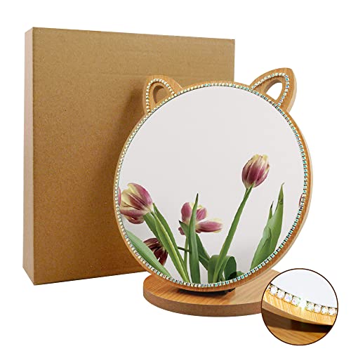 Vanity Makeup Mirror with Crystal Rhinestone Girls Desk/Tabletop Mirror Cute cat Shape for Counter top in Bedroom/Bathroom (6.7")