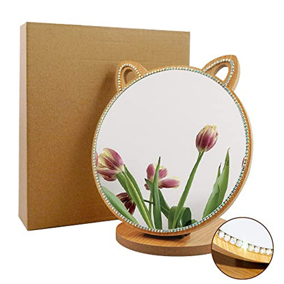 Vanity Makeup Mirror with Crystal Rhinestone Girls Desk/Tabletop Mirror Cute cat Shape for Counter top in Bedroom/Bathroom (6.7")